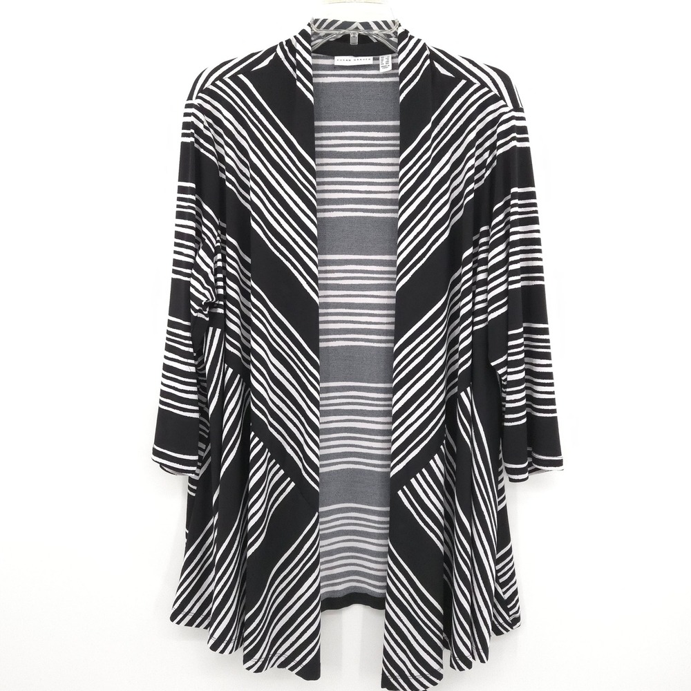 Susan Graver Cardigan Women 1X Black White Striped Open Front Draped 3/4 Sleeve